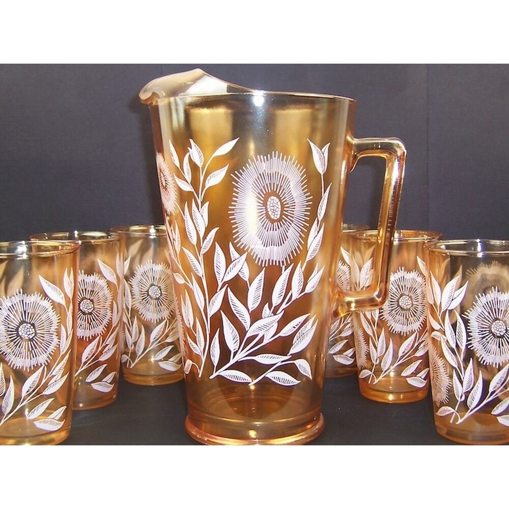 Vintage Jeannette Marigold Carnival Glass Cosmos Pitcher 6 Tumbler Set 1950s - Picture 9 of 15